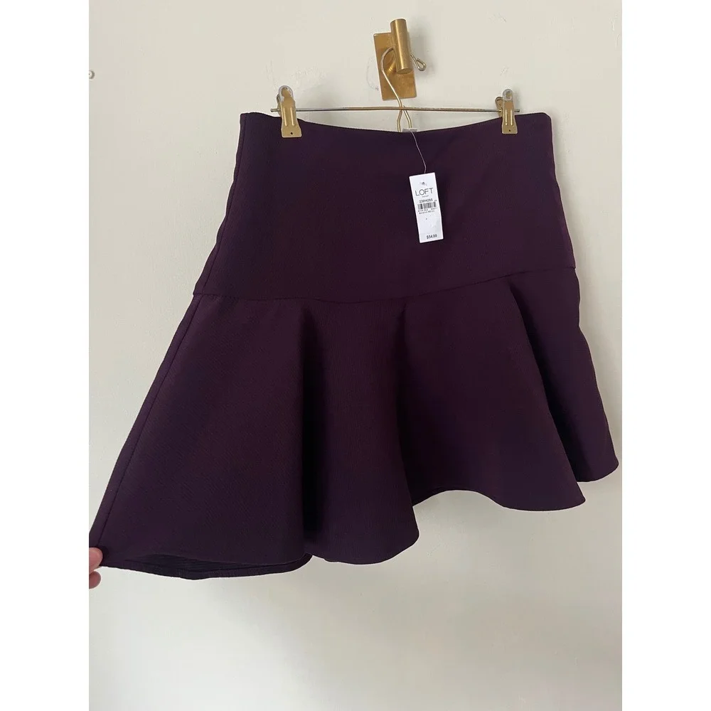 LOFT Purple Ribbed Flounce Drop Waist Mini Skirt dark academy Size 10 NWT